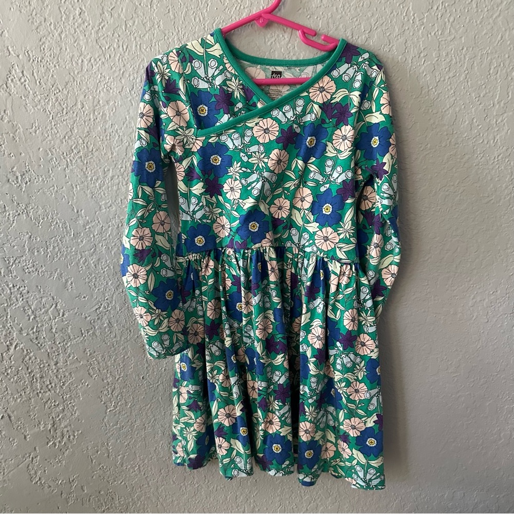 Girls TEA Green and Blue Floral Long Sleeved Faux Wrap Dress